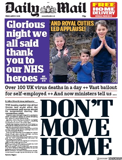 Daily Mail (UK) Newspaper Front Page for 27 March 2020