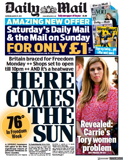 Daily Mail (UK) Newspaper Front Page for 27 March 2021