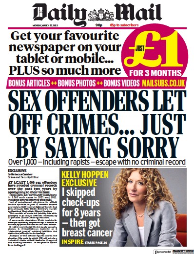 Daily Mail (UK) Newspaper Front Page for 27 March 2023