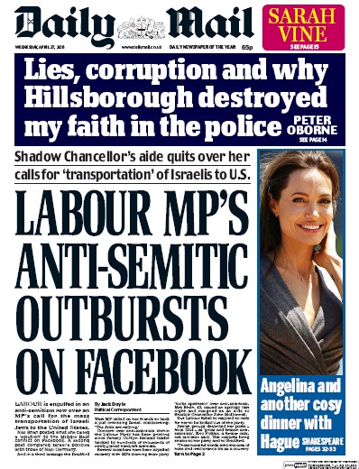 Daily Mail (UK) Newspaper Front Page for 27 April 2016