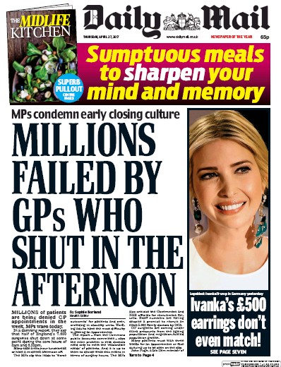Daily Mail Newspaper Front Page for 27 April 2017