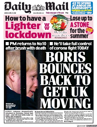 Daily Mail Newspaper Front Page for 27 April 2020