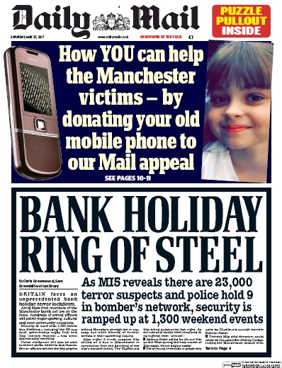 Daily Mail Newspaper Front Page for 27 May 2017