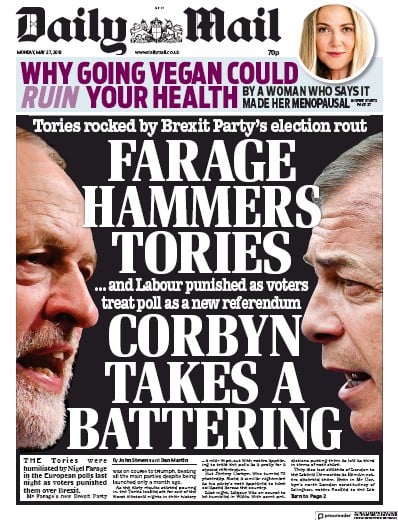 Daily Mail Newspaper Front Page for 27 May 2019