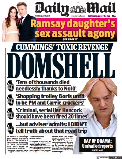 Daily Mail Newspaper Front Page for 27 May 2021