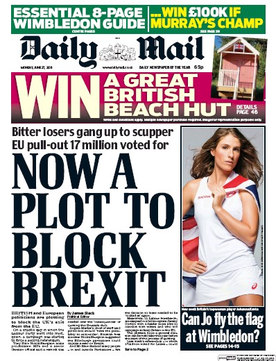 Daily Mail Newspaper Front Page for 27 June 2016