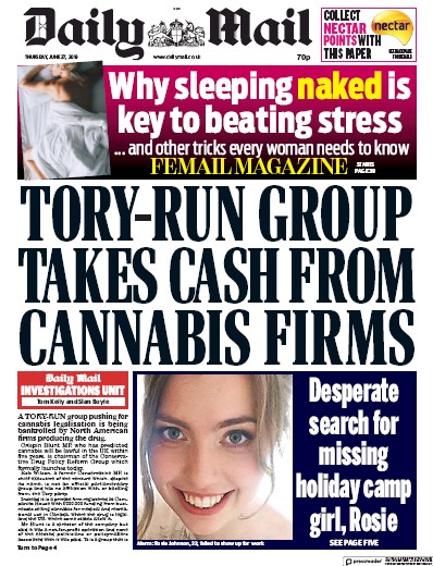 Daily Mail Newspaper Front Page for 27 June 2019