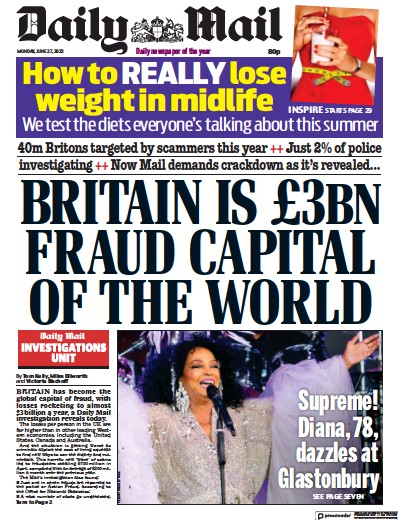 Daily Mail (UK) Newspaper Front Page for 27 June 2022