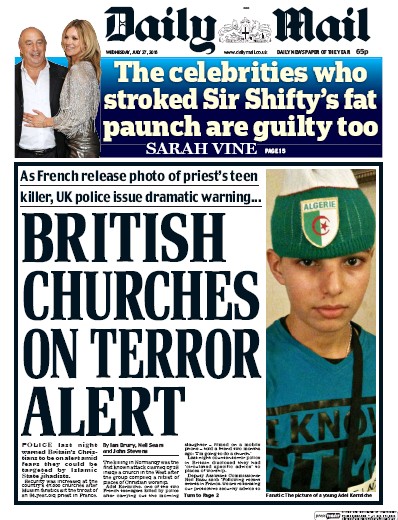 Daily Mail Newspaper Front Page for 27 July 2016
