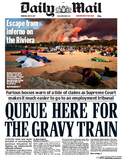 Daily Mail Newspaper Front Page for 27 July 2017
