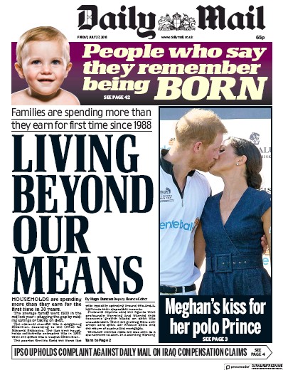 Daily Mail Newspaper Front Page for 27 July 2018