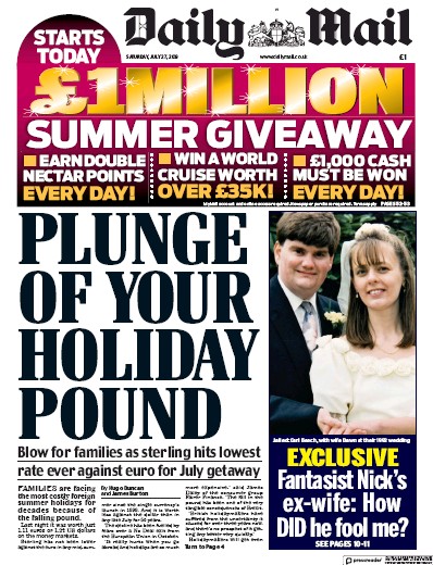 Daily Mail Newspaper Front Page for 27 July 2019