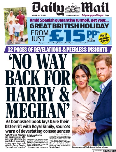 Daily Mail Newspaper Front Page for 27 July 2020