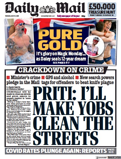 Daily Mail (UK) Newspaper Front Page for 27 July 2021
