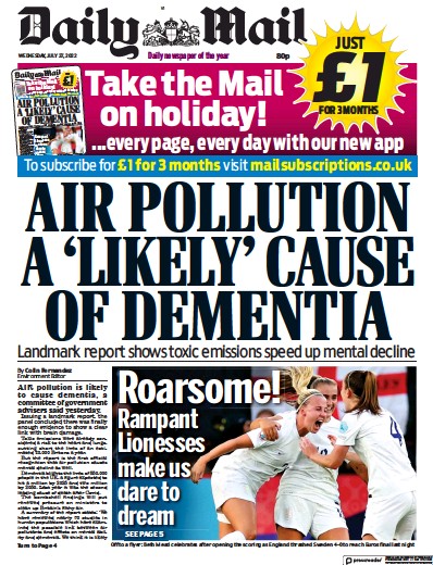 Daily Mail Newspaper Front Page for 27 July 2022