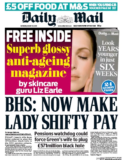 Daily Mail (UK) Newspaper Front Page for 27 August 2016