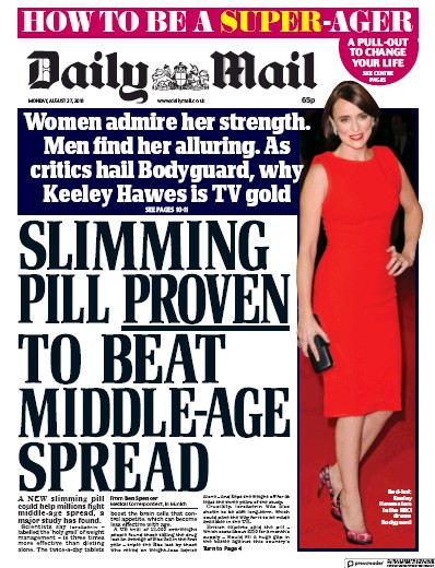 Daily Mail Newspaper Front Page for 27 August 2018