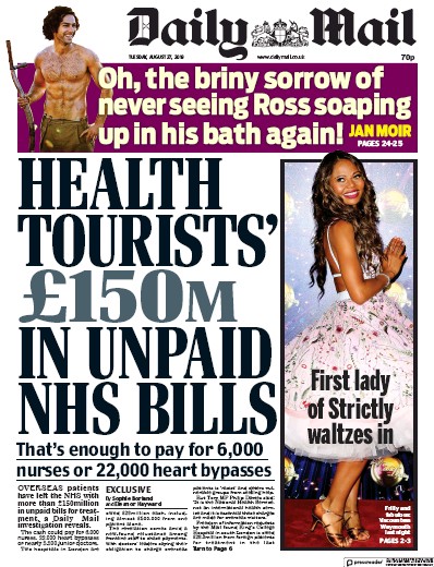 Daily Mail Newspaper Front Page for 27 August 2019