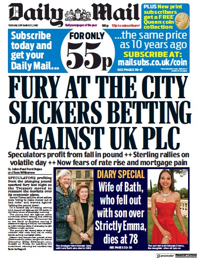 Daily Mail (UK) Newspaper Front Page for 27 September 2022