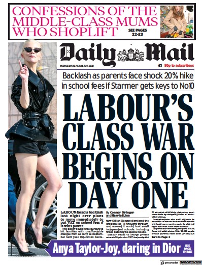Daily Mail Newspaper Front Page for 27 September 2023