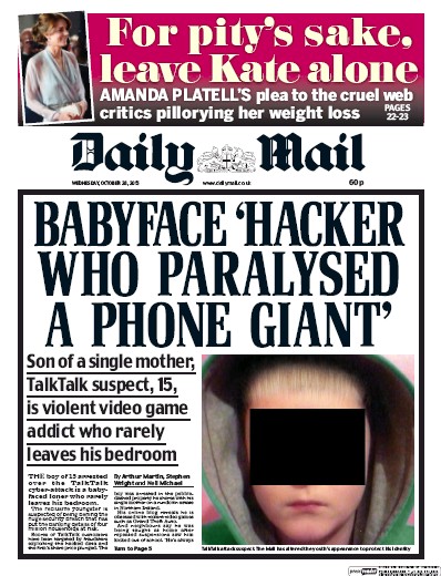 Daily Mail Newspaper Front Page for 28 October 2015