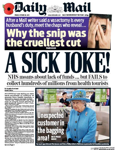 Daily Mail Newspaper Front Page for 28 October 2016
