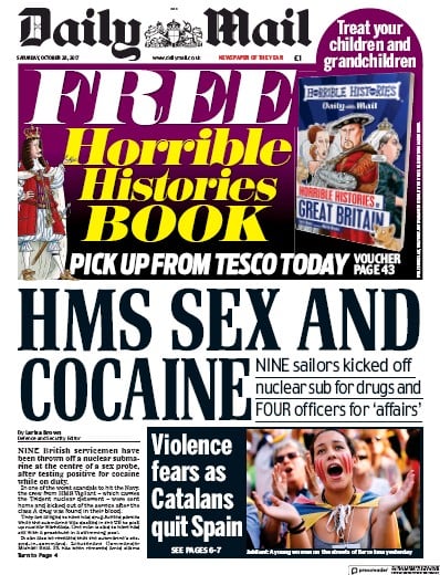 Daily Mail Newspaper Front Page for 28 October 2017