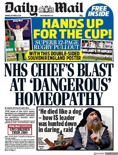Daily Mail Newspaper Front Page for 28 October 2019