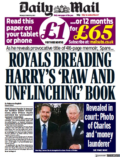 Daily Mail Newspaper Front Page for 28 October 2022