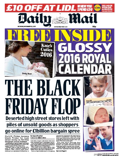 Daily Mail Newspaper Front Page for 28 November 2015