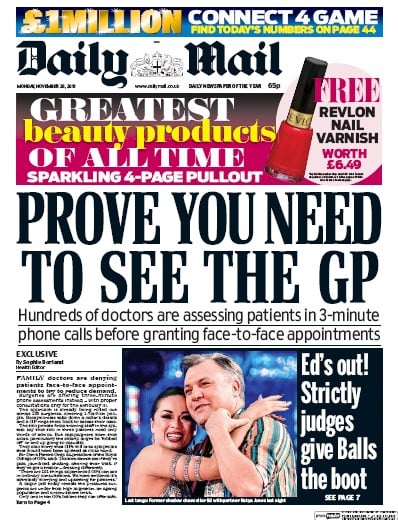 Daily Mail Newspaper Front Page for 28 November 2016
