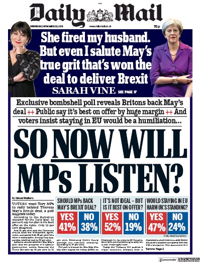 Daily Mail Newspaper Front Page for 28 November 2018