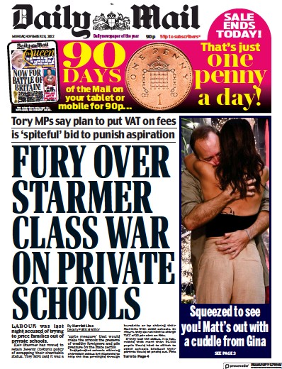 Daily Mail (UK) Newspaper Front Page for 28 November 2022