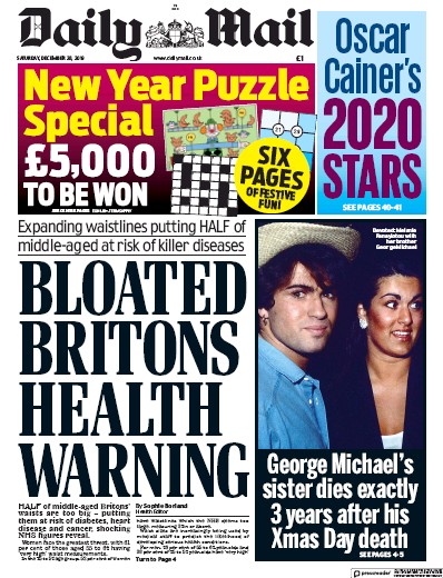 Daily Mail Newspaper Front Page for 28 December 2019