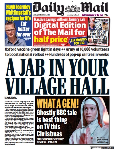 Daily Mail (UK) Newspaper Front Page for 28 December 2020