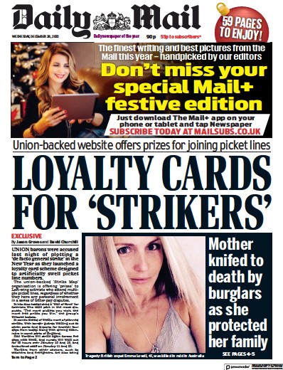 Daily Mail Newspaper Front Page for 28 December 2022