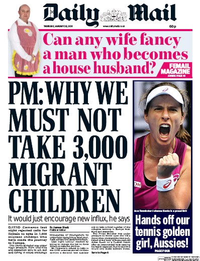 Daily Mail Newspaper Front Page for 28 January 2016