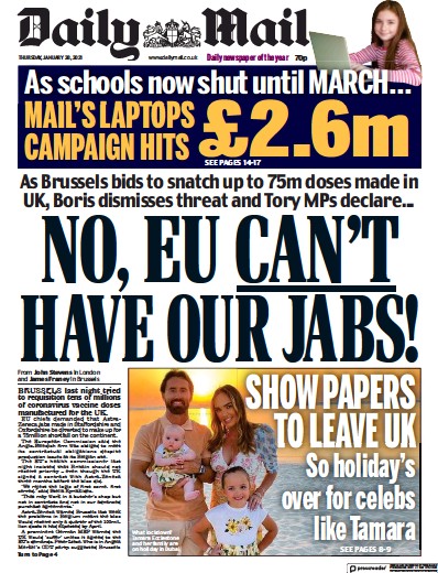 Daily Mail Newspaper Front Page for 28 January 2021