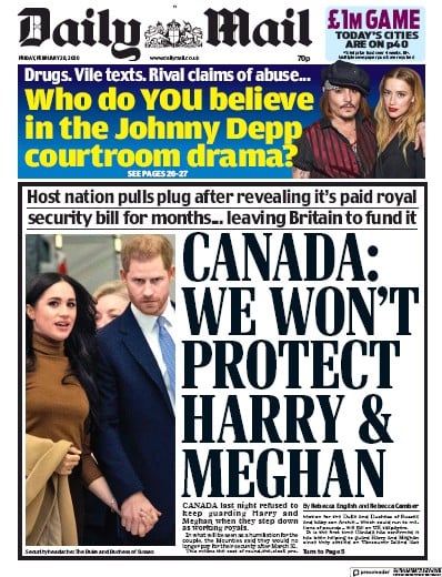 Daily Mail Newspaper Front Page for 28 February 2020