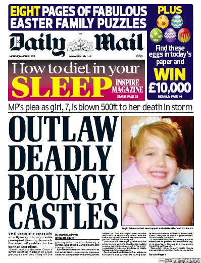 Daily Mail Newspaper Front Page for 28 March 2016
