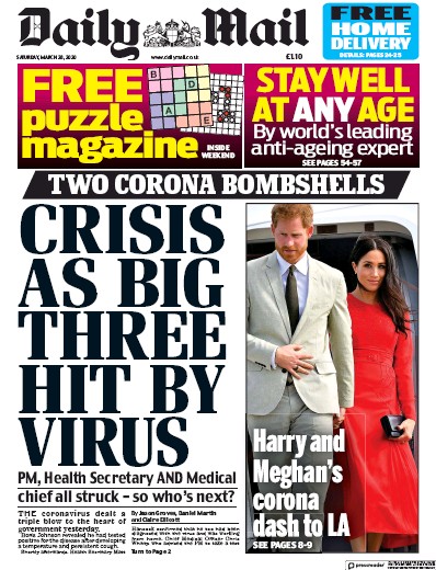 Daily Mail (UK) Newspaper Front Page for 28 March 2020
