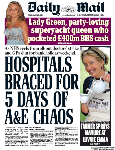 Daily Mail Newspaper Front Page for 28 April 2016