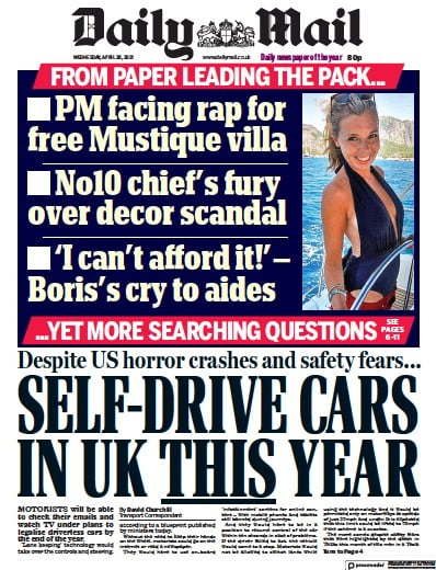 Daily Mail (UK) Newspaper Front Page for 28 April 2021