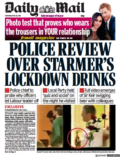 Daily Mail (UK) Newspaper Front Page for 28 April 2022