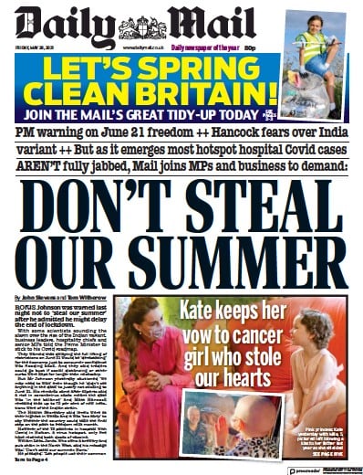 Daily Mail (UK) Newspaper Front Page for 28 May 2021
