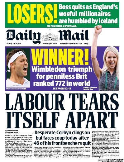 Daily Mail Newspaper Front Page for 28 June 2016