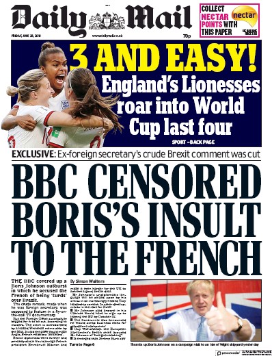 Daily Mail Newspaper Front Page for 28 June 2019