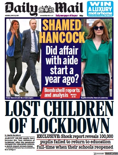 Daily Mail (UK) Newspaper Front Page for 28 June 2021