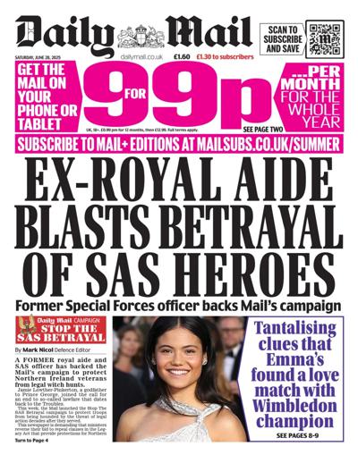 Daily Mail (UK) Newspaper Front Page for 28 June 2025