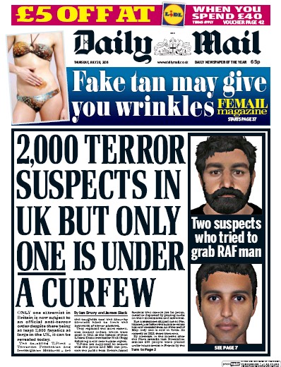 Daily Mail Newspaper Front Page for 28 July 2016